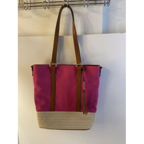 Kim Rogers Straw Tote Handbag Beach Natural Pink NWOT - Picture 1 of 5